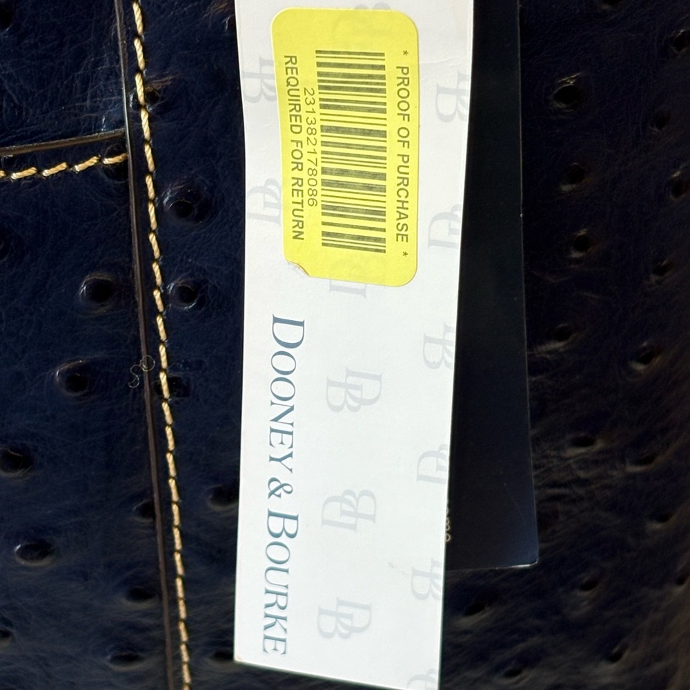 Dooney & Bourke Ostrich Navy Tote with Brown Handles - Picture 5 of 11